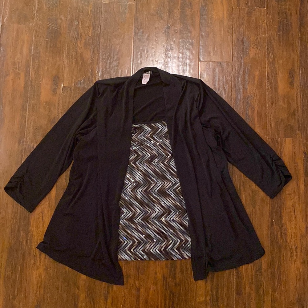 Judith Black Open Front Cardigan With Built in Sequin Top Women’s Size 2X